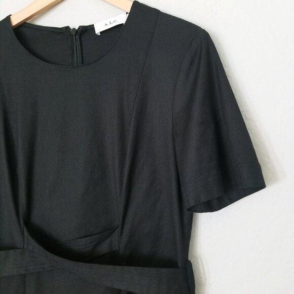 A.L.C. Linen Blend Twist Belted Mini Shift Dress 8 Short Sleeve Black Pocket LBD - Picture 6 of 15